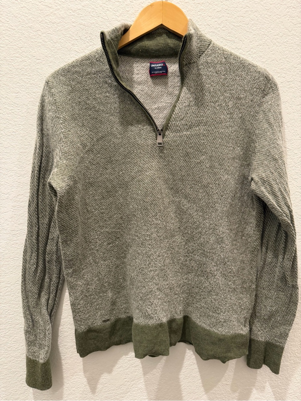 UNTUCKit 100% Extra Fine Merino Wool Quarter Zip Sweater Olive Green XL
